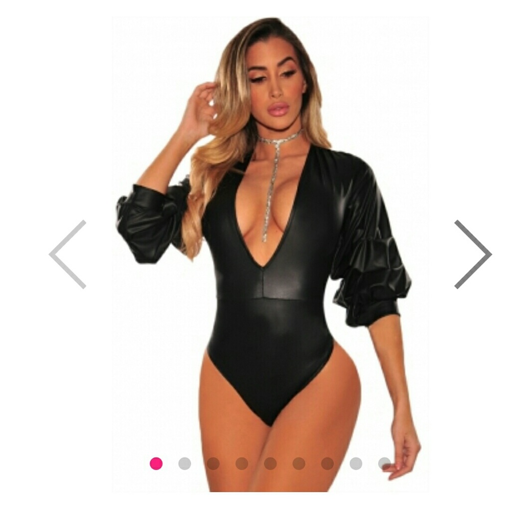 Black Raunched Leatherette Bodysuit